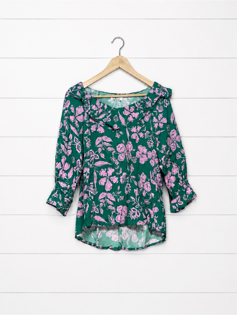 Green Floral Ruffle-Neck Blouse with Pink Print